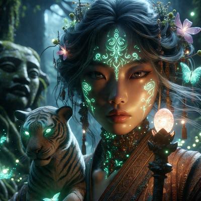 The primary subject of the image is a woman with a green face paint design, wearing a necklace and holding a tiger figurine. She is standing in front of a backdrop featuring a forest setting. The visual style of the image is digital art, with the woman's face paint design and the tiger figurine being digitally created. The colors and mood of the image are predominantly green, with a sense of mystique and fantasy.